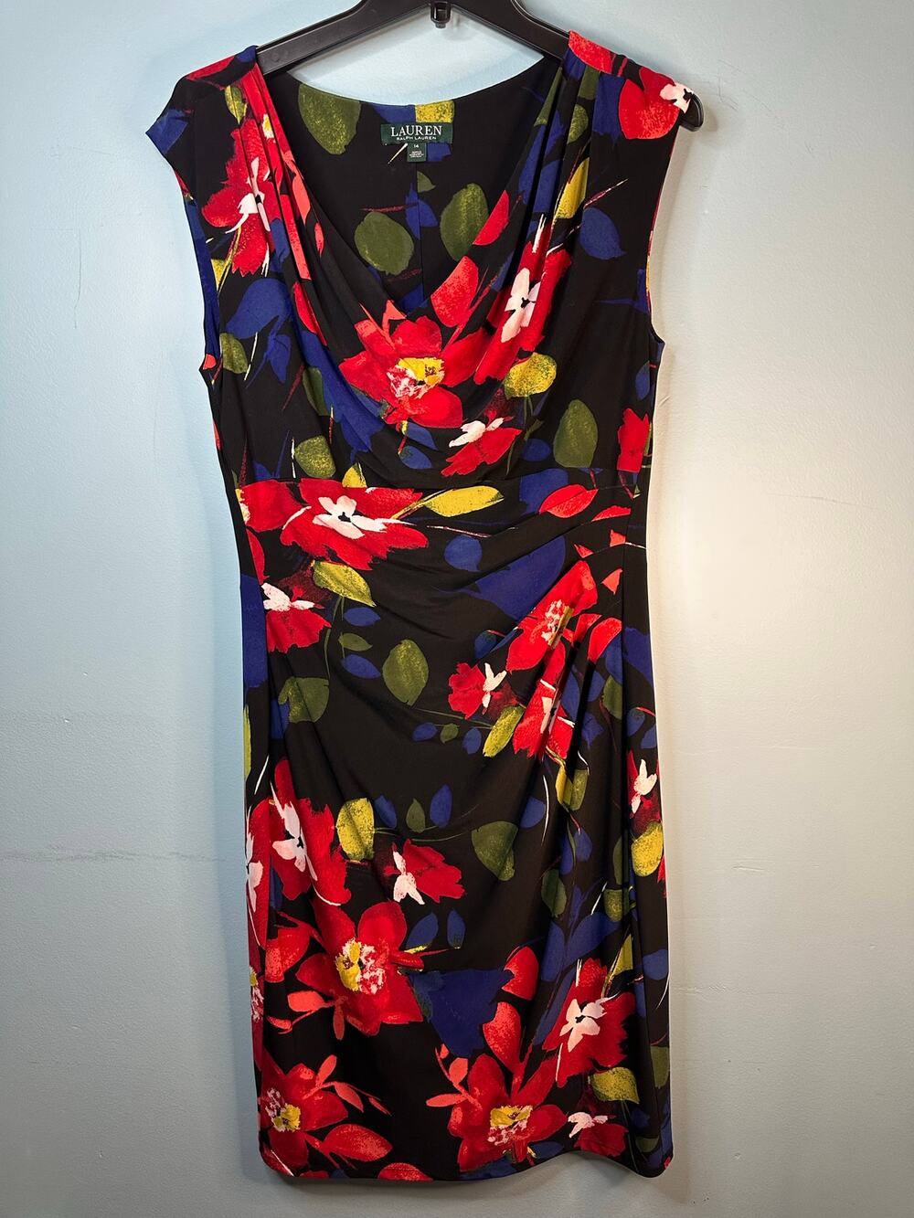 Lauren Ralph Lauren floral-print cowl-neck jersey dress, a sheath-style Size 14